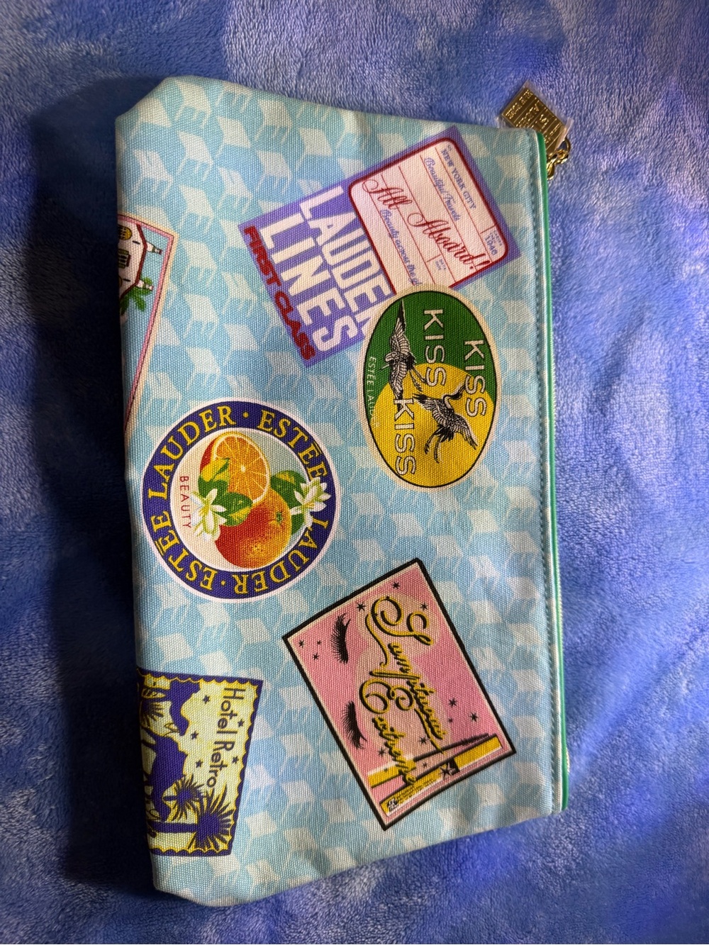 Estee Lauder Light Blue Travel Sticker Print Cosmetic Pouch